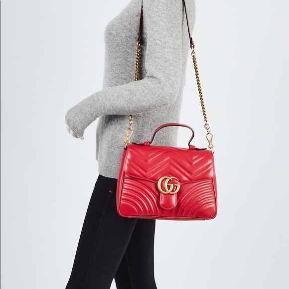 Gucci Handbags - Gucci GG Red Marmont Small  Matelasse Leather Top Handle Satchel